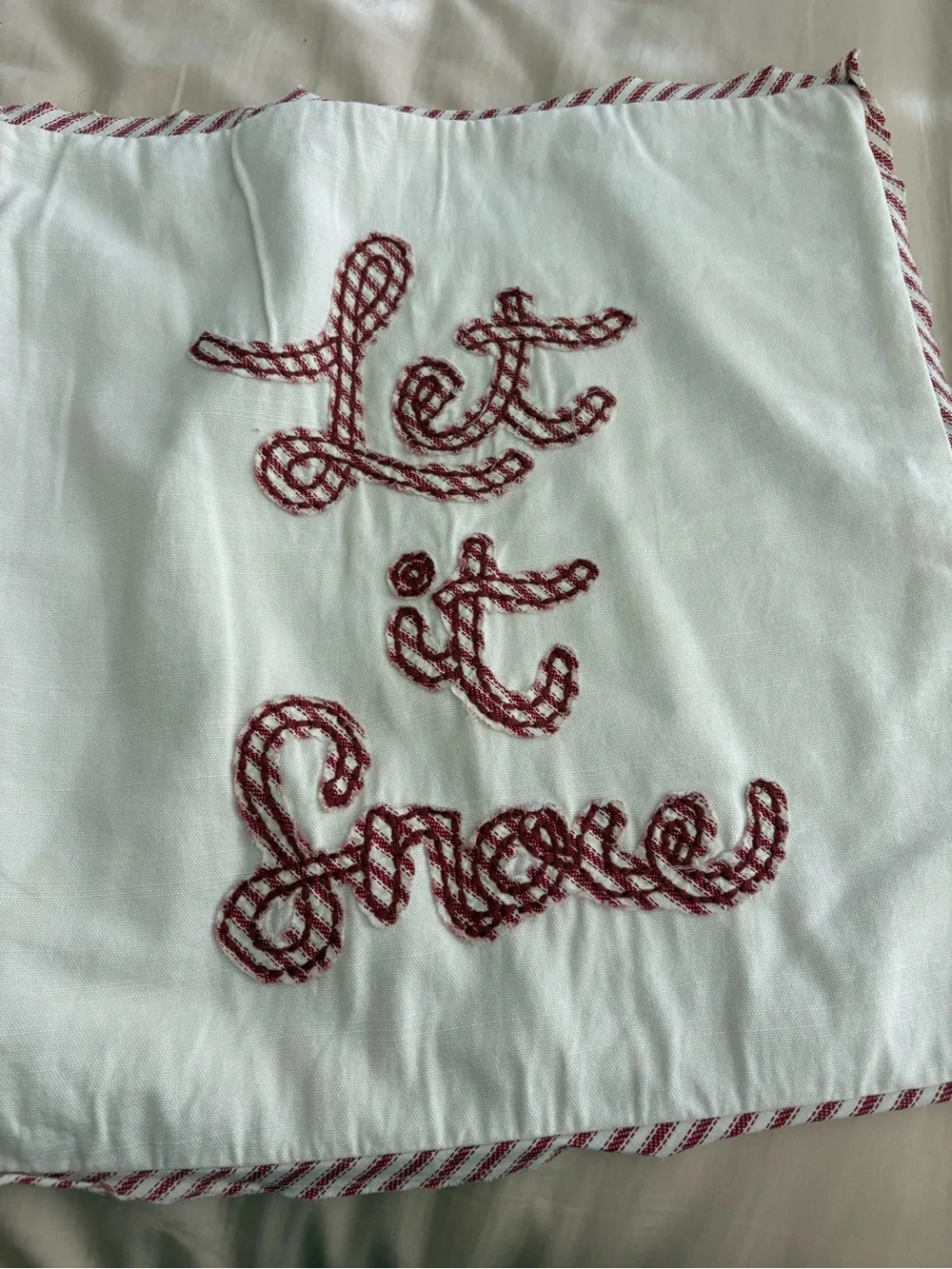 Pottery Barn Let it Snow Applique Reverse Red Ticking 18